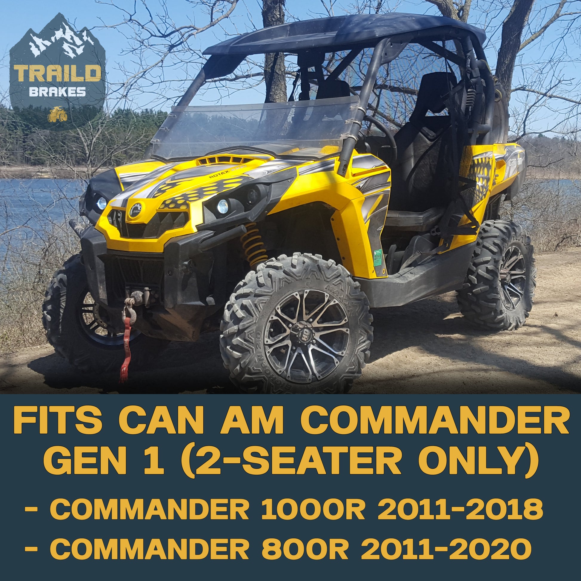 Can-Am Commander UTV on a dirt road with fitment details