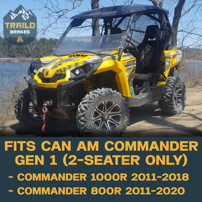 Can-Am Commander UTV on a dirt road with fitment details