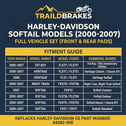 Trail Brakes fitment guide for Harley-Davidson Softail models from 2000 to 2007 on a blue background.